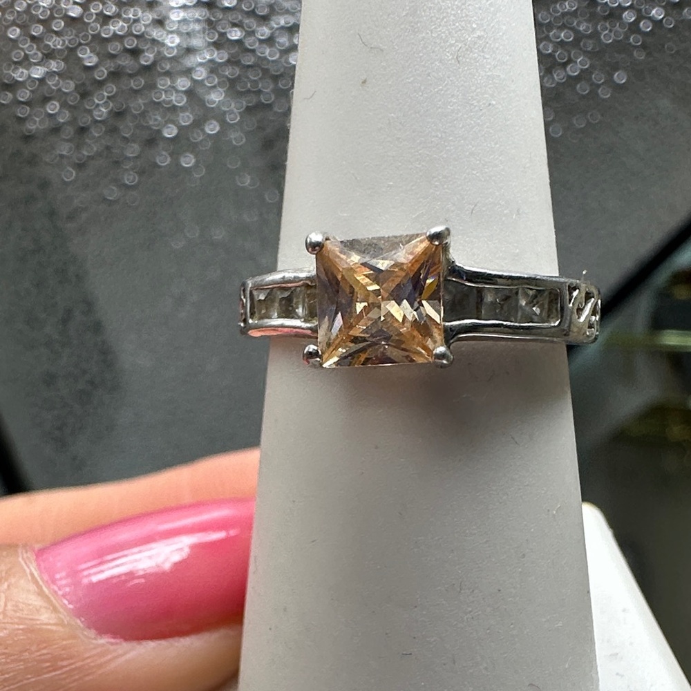 Silver tone Square-Cut Champagne Cubic Zirconia Ring - Champagne size 7